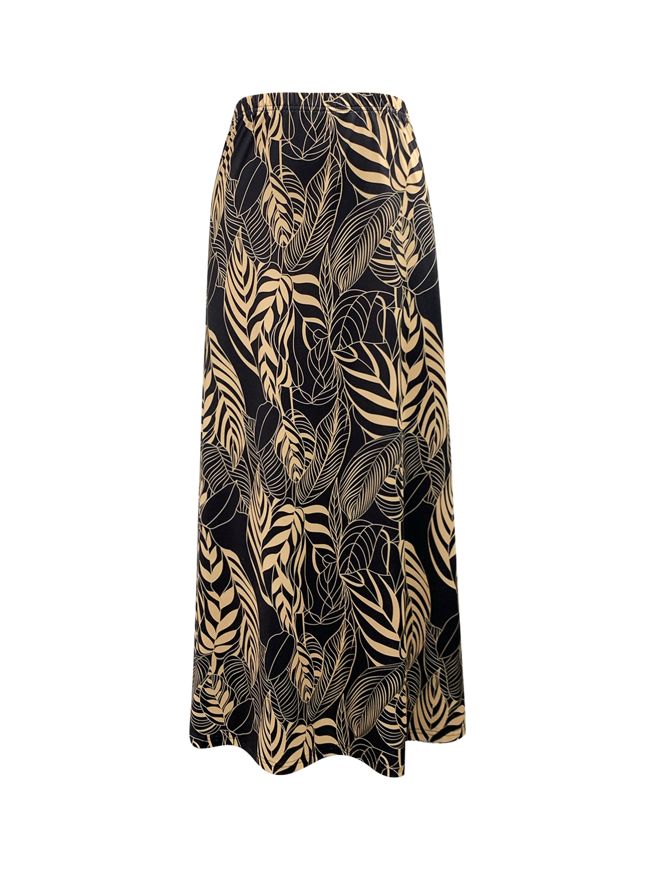 Women's Autumn & Winter New Fashion Elegant Leaf Printed Midi Skirt, Milk Silk Casual Skirt (S-XXL, Black)-CF43630