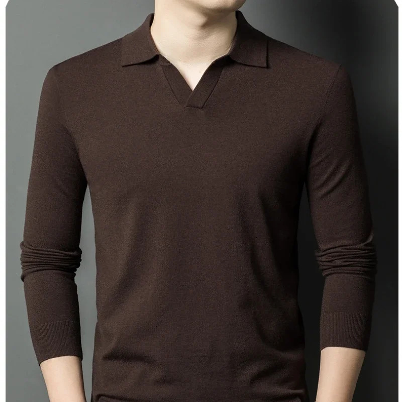 Mens Autumn Winter Blouse Collar Knitted Pullover Business Casual SlimFitting Wool Textile Sweater Gentleman Polo Shirt 251015