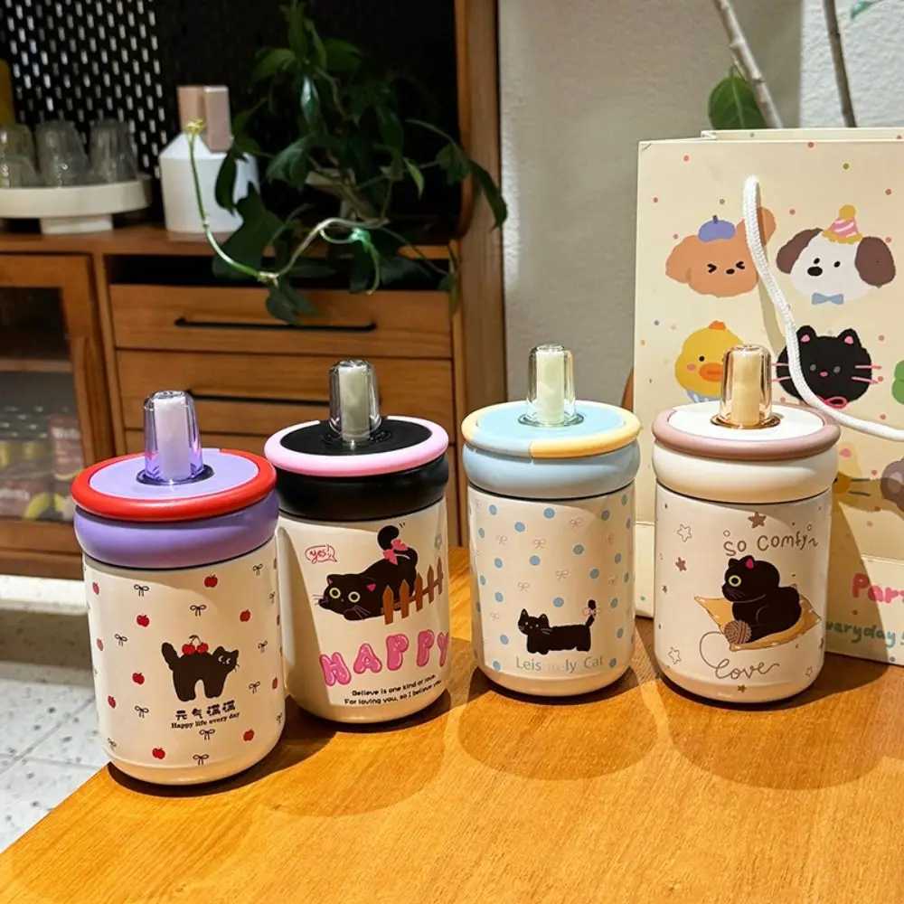 Winter 500ML Thermal Water Bottle With handle Cartoon Cat Vacuum Cup Lid Straw Portable Insated Cup for Student Thermoses Y251020