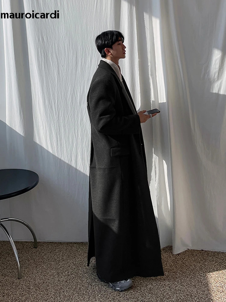 Mauroicardi Autumn Winter Extra Long Warm Black Loose Casual Wool Blends Coat Men Floor Length Overcoat Korean Fashion 251028