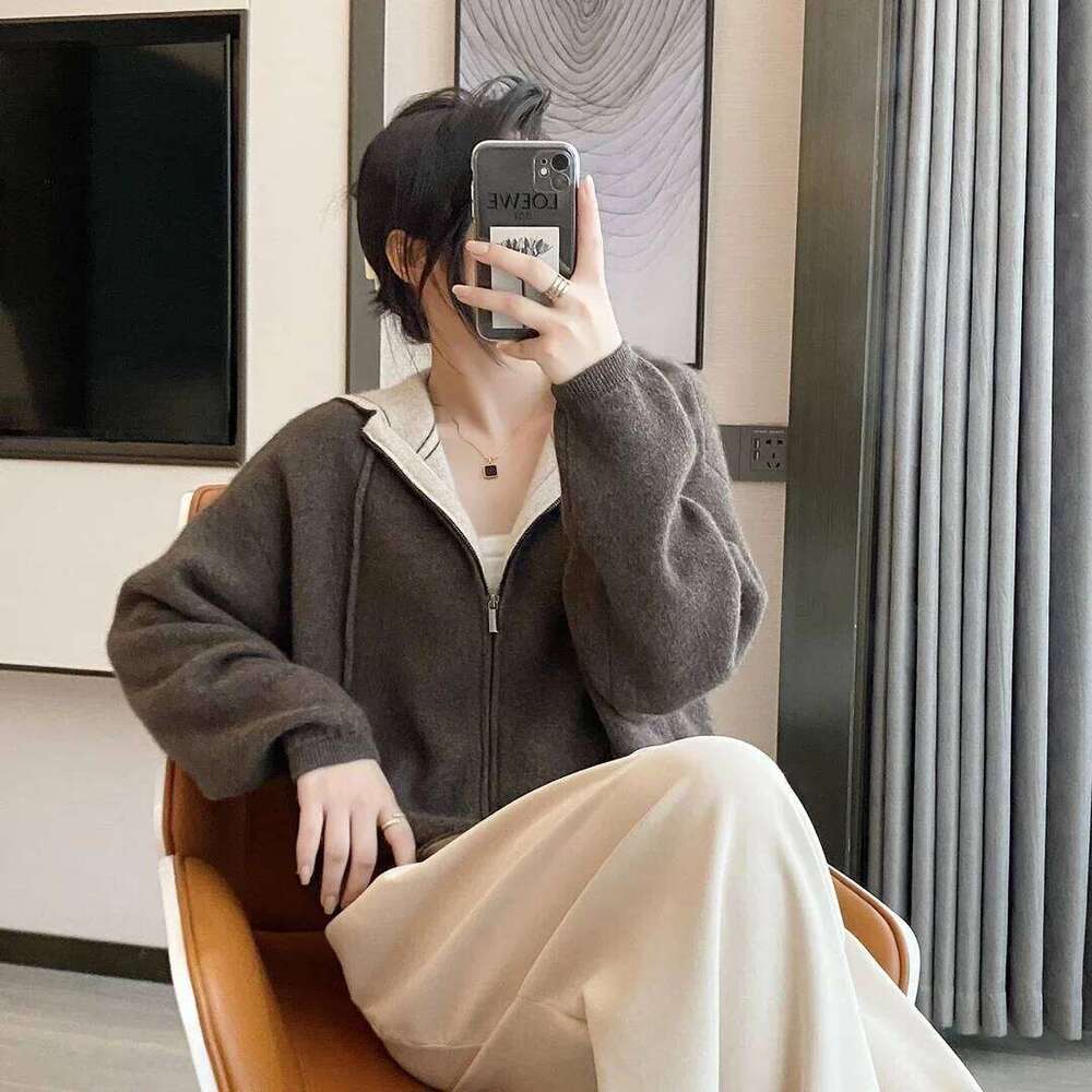 Women's Air Cashmere Cardigan Loose Padded Knit Hoodie Contrast Zipper Sweater Fall Winter Coat New Style Casual Comfortable 251020 251020