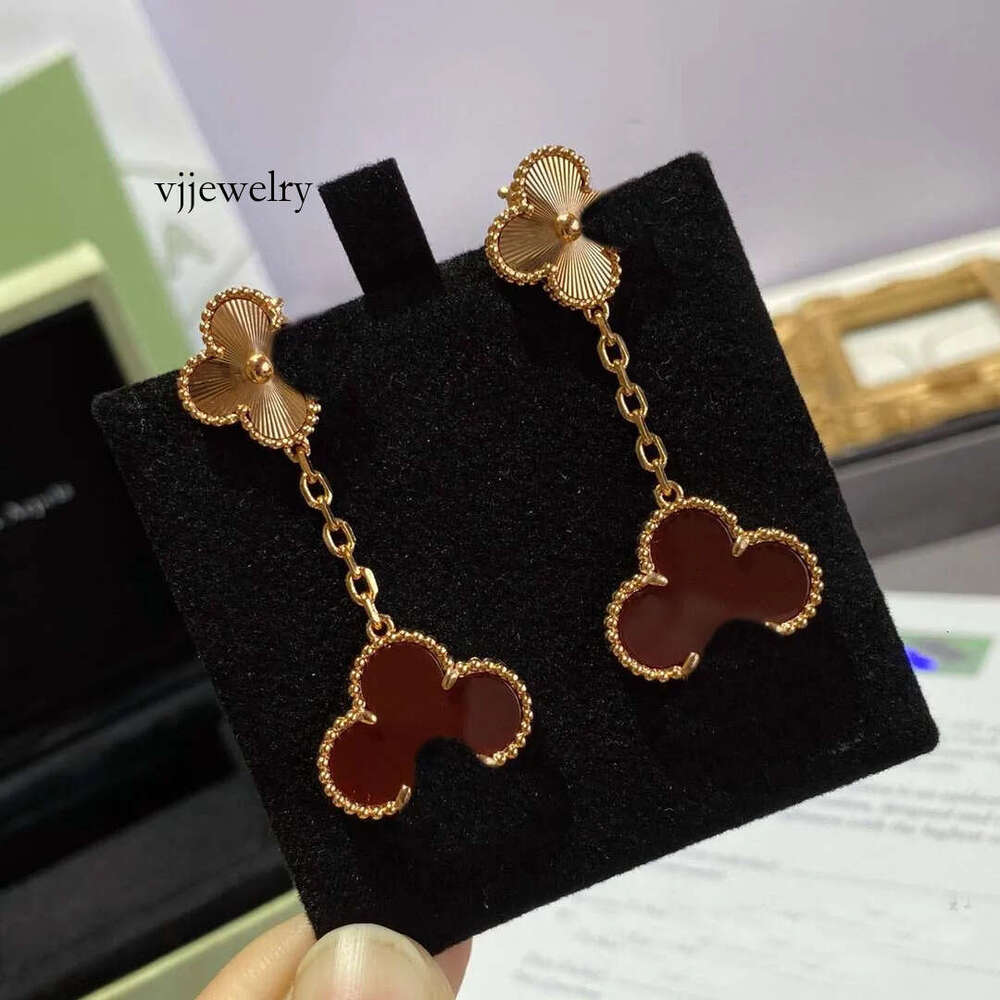 V gold material 2025 quality charm drop earring double flower design and red agate Jewelry