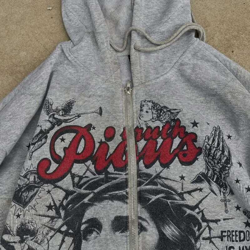 Rock Hiphop Cartoon Letter Print Oversized Zipper Hoodie Women Y2K New High Street Harajuku Vintage Casual Loose Sweatshirt Men W251020