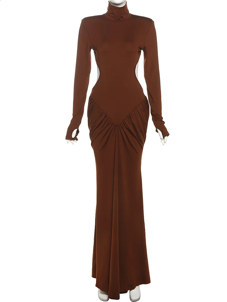 Weird Puss Backless Maxi Dress Women Long Sleeve Shoulder Pads Waistless Peach Buttocks Ruched Elegant Banquet Skinny Vestidos251027 - view 7