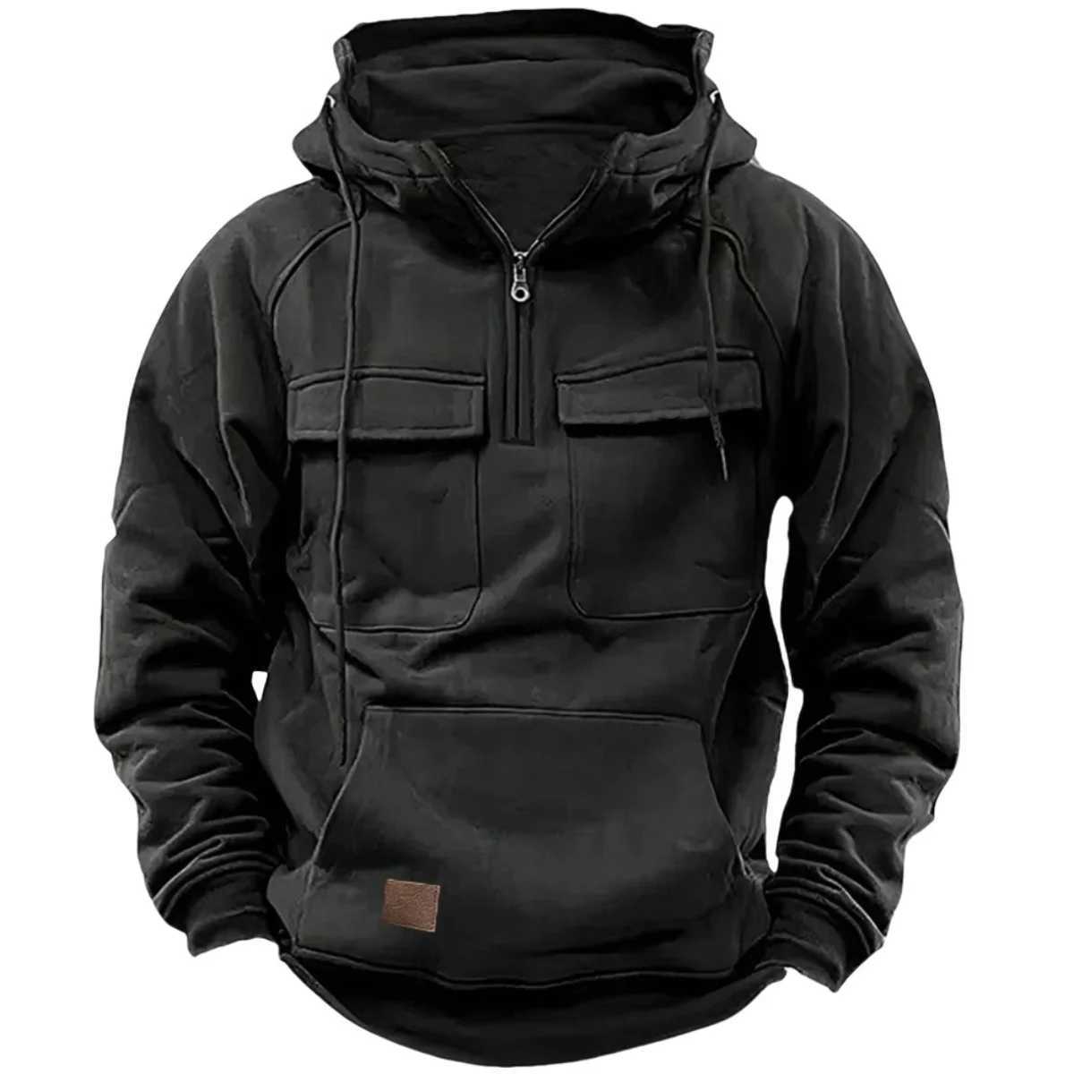 Mens Casual Sports Hooded Sweatshirt New style Outdoor Thick Fashionable Loose LongSleeved Pullover with Multiple Pockets W251020