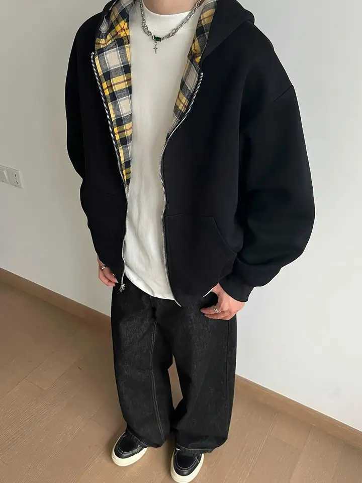 High Street Trendy Clothing New Style Twosided Fashion Loose Plaid Sweatshirt Harajuku Retro Casual Double Zipper Hoodie Women W251020