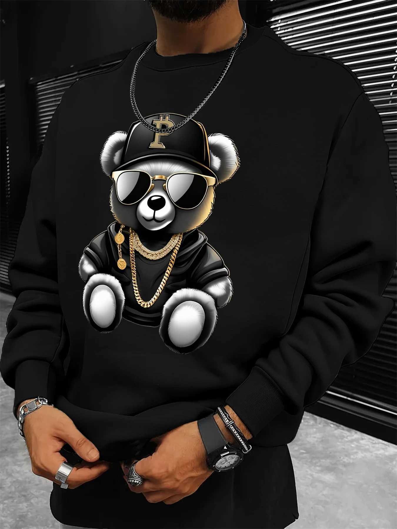Mens autumn and winter fashionable casual loose cool bear cartoon graphic print fleece long sleeved round neck sweatshirt W251020