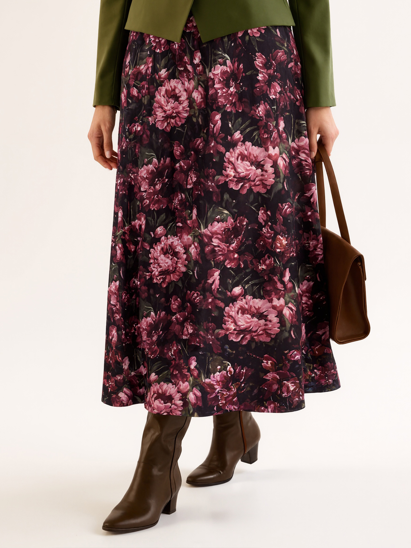 Women's Autumn & Winter New Retro Elegant Floral Printed Midi Skirt, Casual Commute & Dating Milk Silk Skir-CF56374