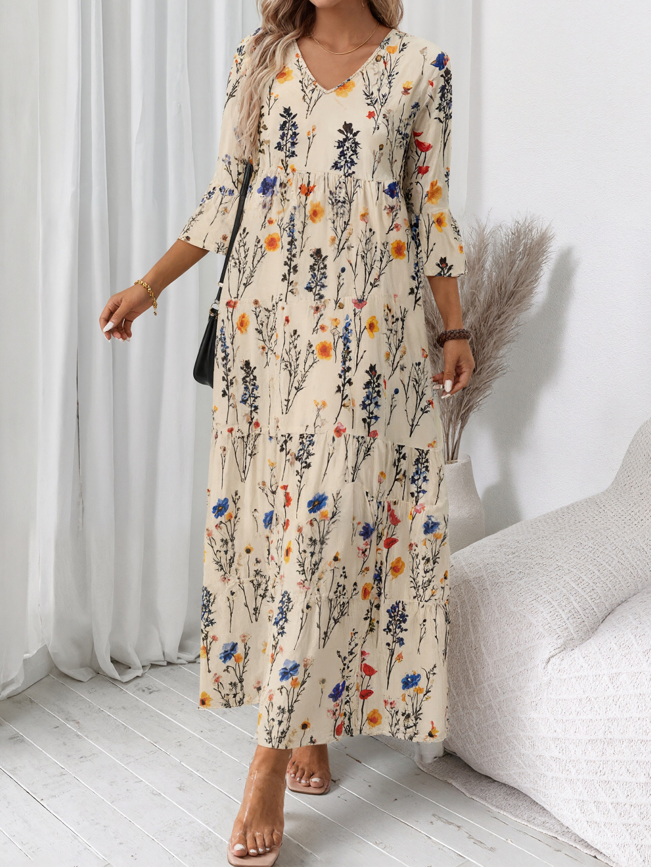 Women's Autumn & Winter New Floral Printed V - Neck Midi Dress, Casual Vacation & Commute Milk Silk Dress for Mom-CF55109