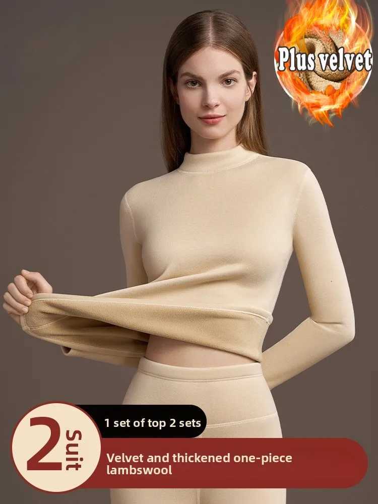 Womens Thermal Underwear Set with Fleece Lining Thickened Winter Base Layer Cashmere Top and BottomT251020