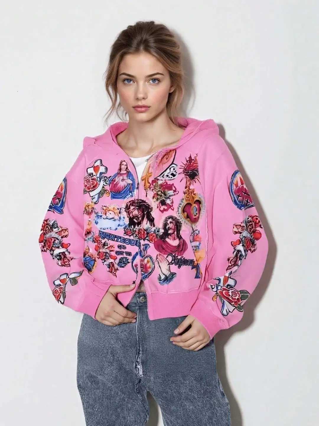 Womens Zip Up Hoodies Jacket Graphic Print Long Sleeve Sweatshirt Jacket with Pocket W251020