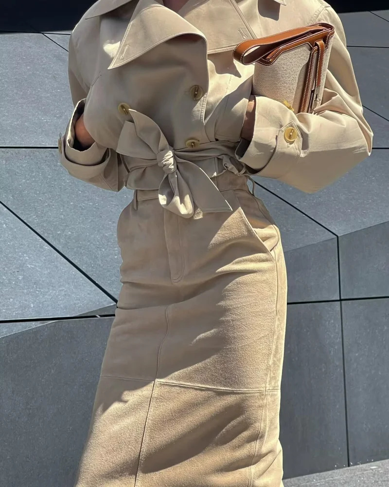 ETJ womens British wind trench coat style doublebreasted long sleeve belt lapel jacket short 251020