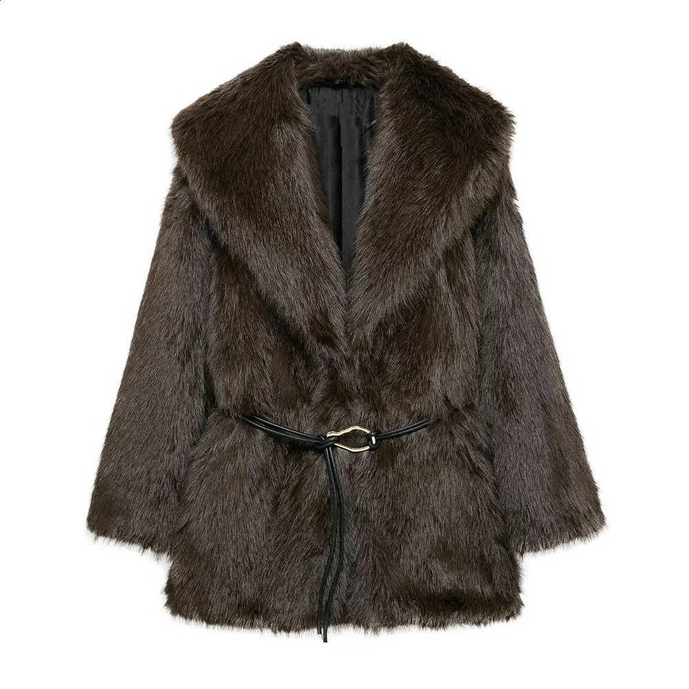 Womens Belt Decoration Collar Solid Color Medium Long Coat AutumnWinter Sleeve Loose 251021