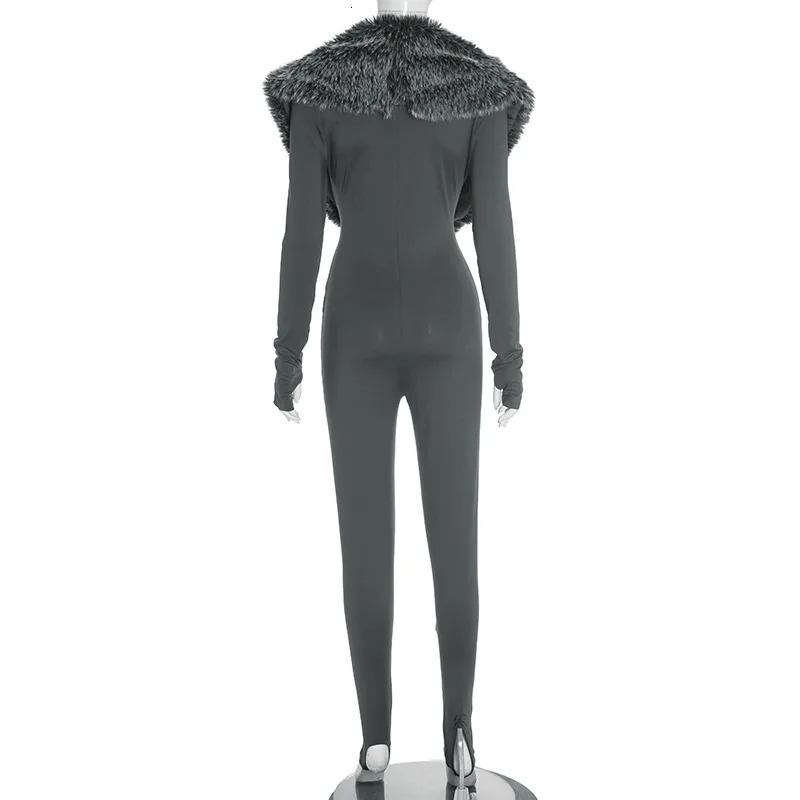 Deep VNeck Faux Fur Collar Jumpsuits Womens Rompers Autumn Fashion Ladies Long Sleeve Leggings Pants Outfits One Pieces 251020