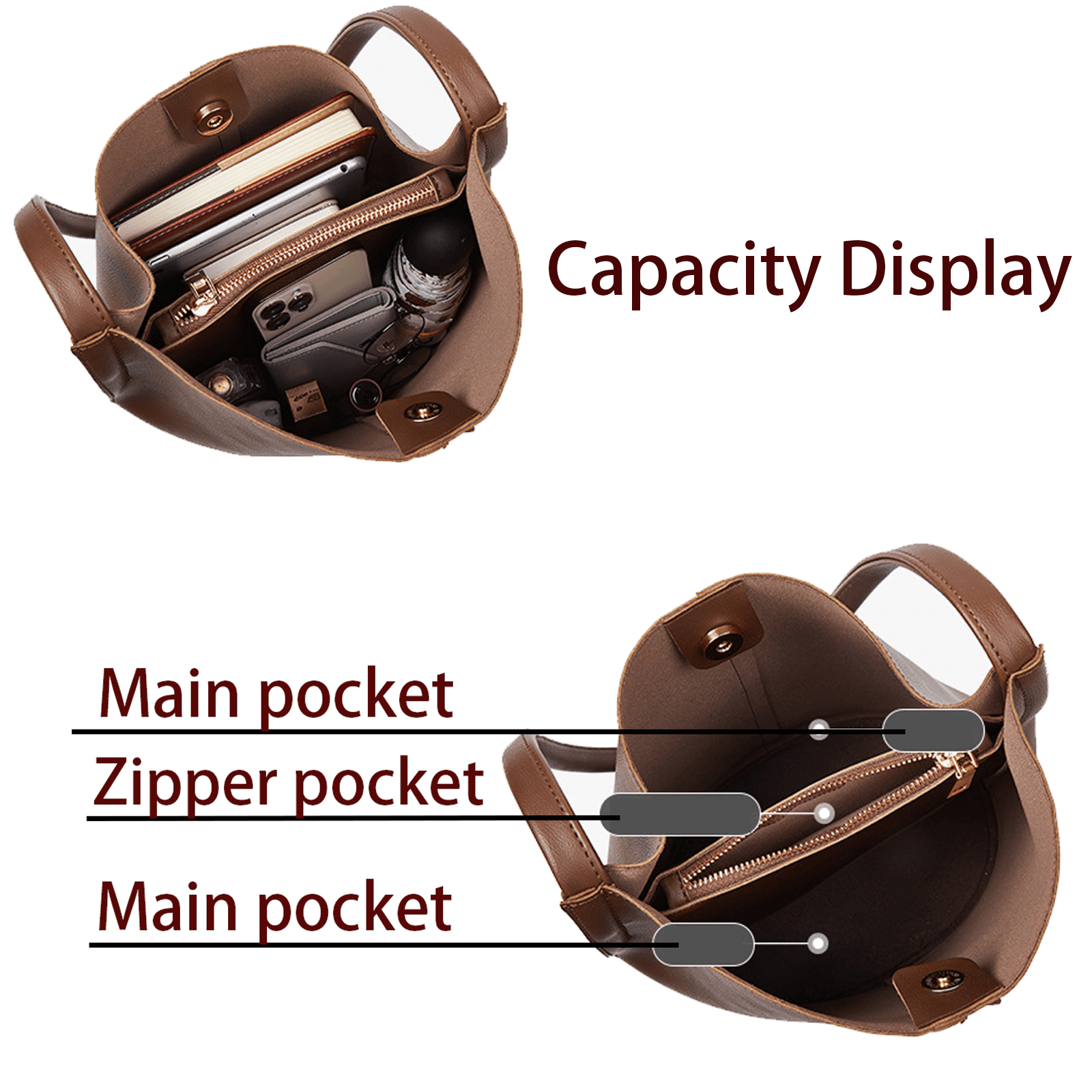 Fashion Bucket Bag Ladies Chic Shoulder Bags Women's Stylish Brown Bag