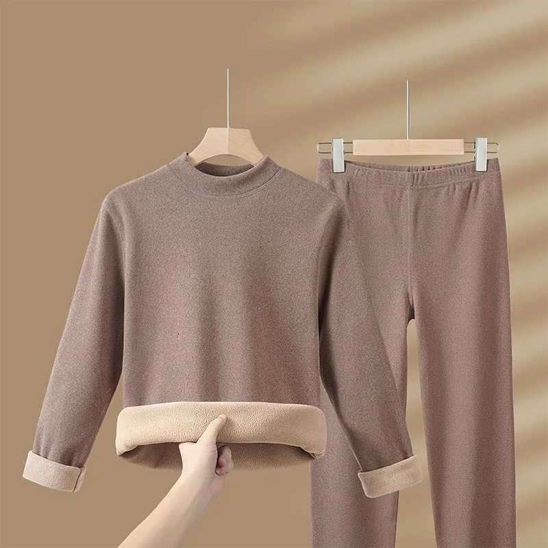 Camel Wool Thermal Underwear Set Women Mid Neck Fleece Lined Thickened Winter Thermal Clothes Pants Outwear Coldproof Plus SizeT251020