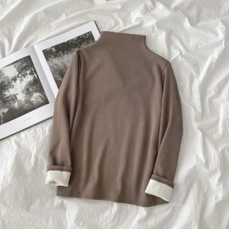 Winter Thermal Underwear Women Fleece Thickening Bottoming Shirt Half Turtleneck LongSleeved Basic Fleece Thermal PulloversT251020