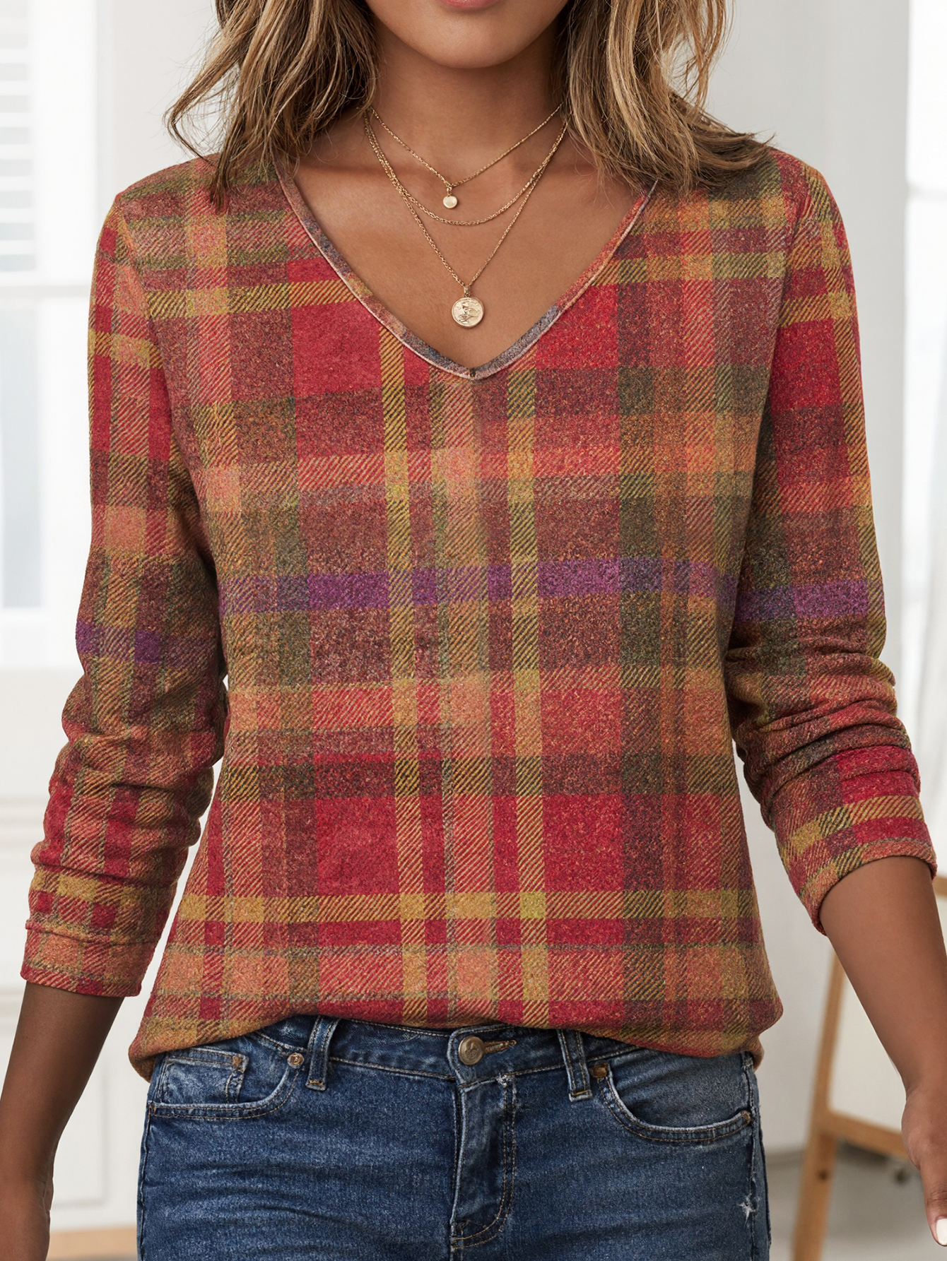 Women's Retro Plaid V-Neck Long Sleeve T-Shirt, Versatile Milk Silk Casual Top-CF40378