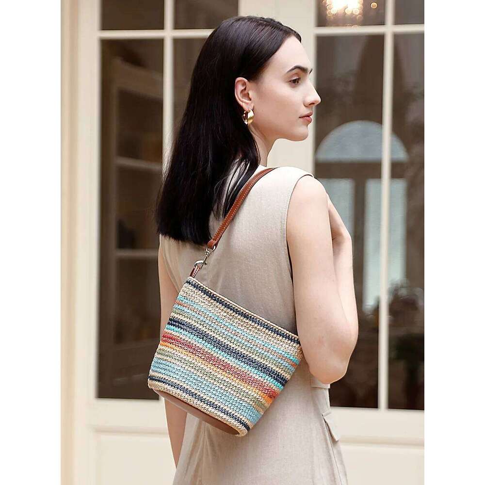 Women's Summer Fashionable Woven Tote Bag Genuine Leather Beach Vacation Commuting Contrast Design Handbag Suotong251020 Suotong1020