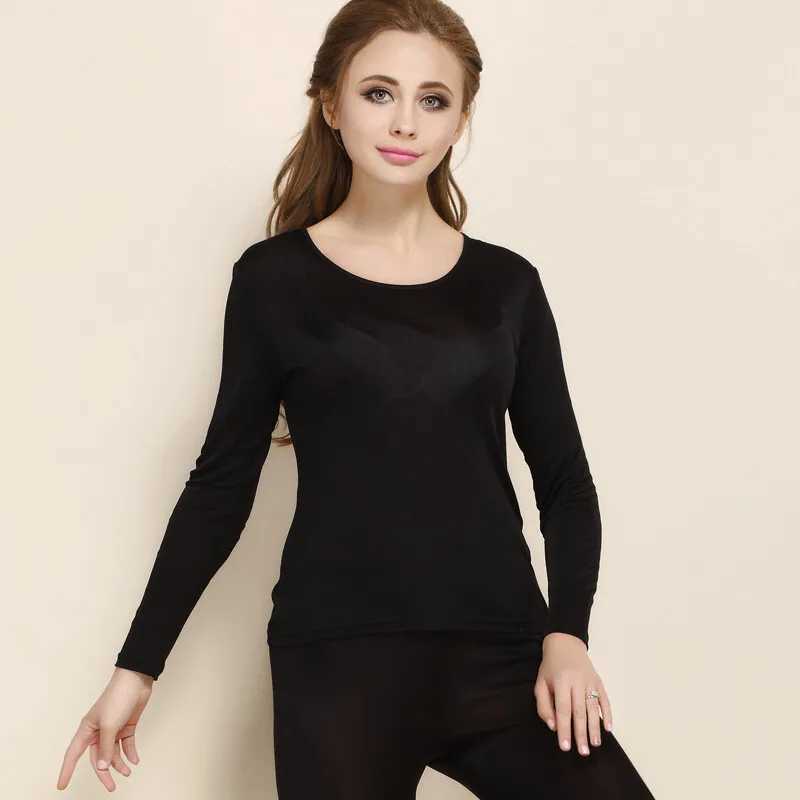 Pure Silk Knit Women Underwear Long Johns Top Bottom Set Thermal Shirt LeggingT251020