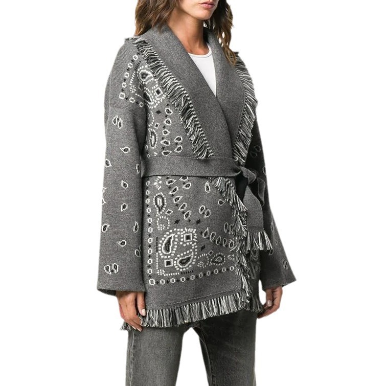 European and American fashion design thick jacquard knitted cardigan loose plus size women's medium length tassel sweater jacket fashionable