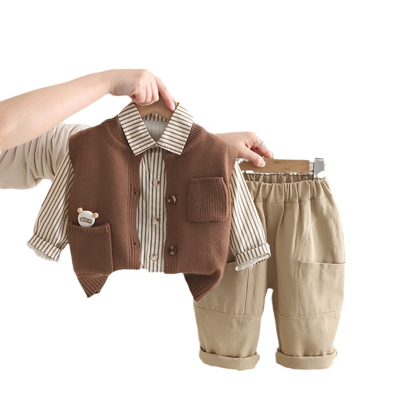 2025 new hot selling children's spring pocket teddy bear sweater vest three piece set baby children's clothing boys' set spring and aut