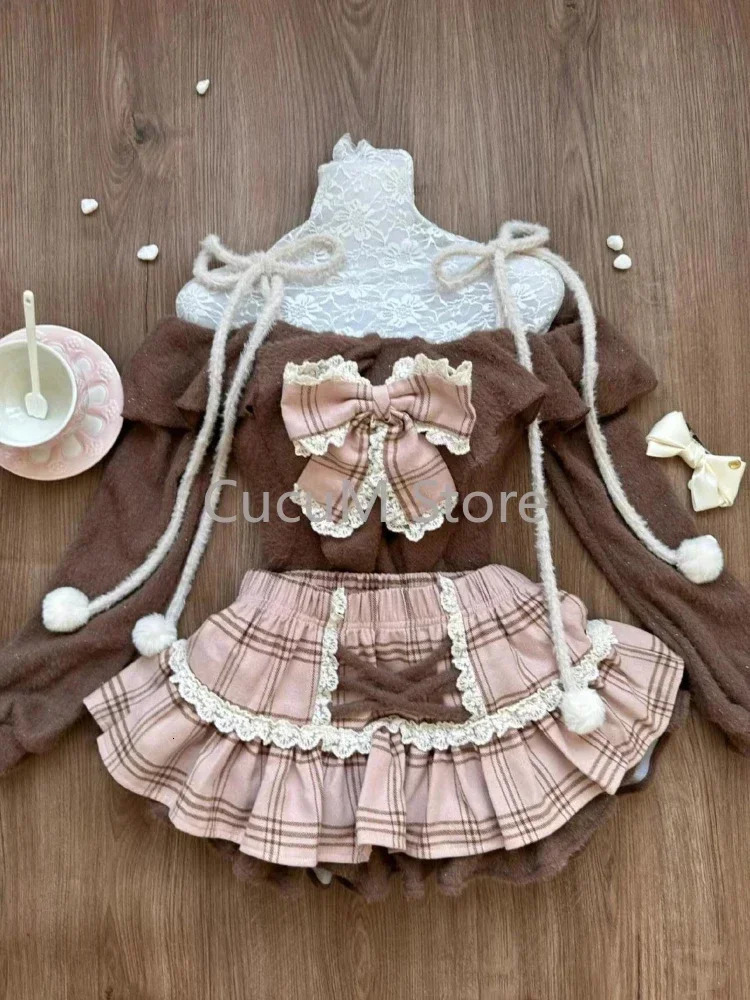 Japanese Sweet Lolita 2 Piece Sets Women Retro Off Shoulder Bow Blouse Tops Plaid Cake Mini Skirt Girls Kawaii Y2k Slim Outfits 251020 - view 6