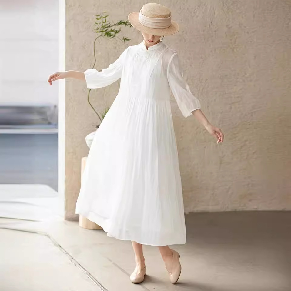 X22523 New Women's Dress White Retro Forest Fresh High-end Cotton and Linen