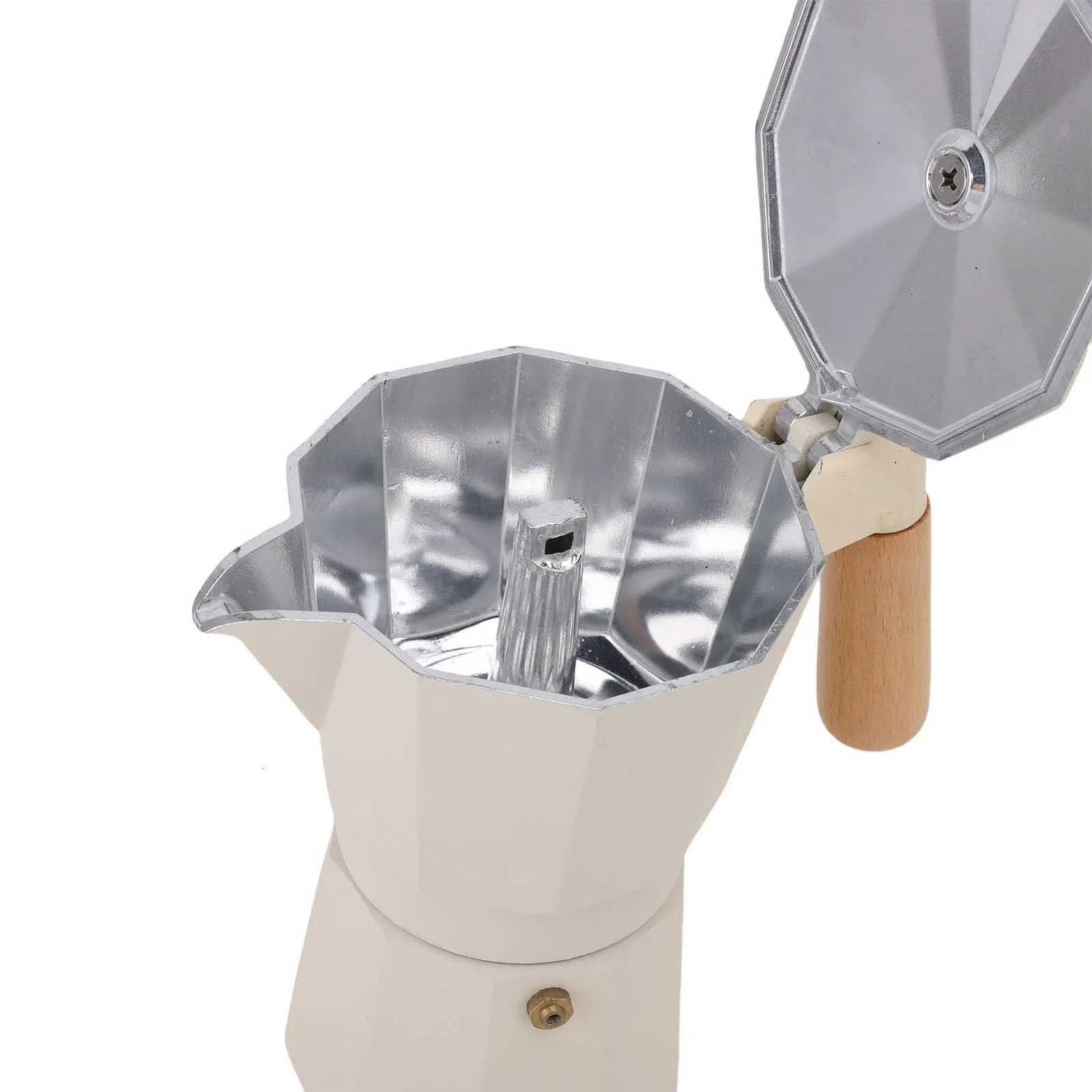 Stovetop Coffee Pot n Heat Distribution White Wooden Handle 300ML Single Valve Mocha Coffee Pot 6 Cup for Camping Stoves Y251020