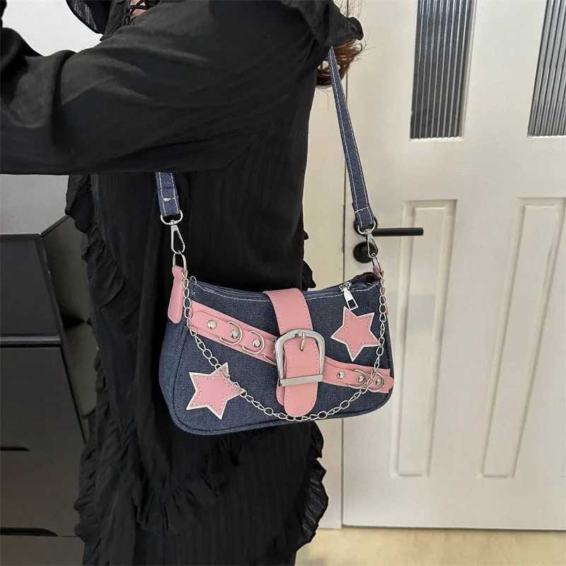 Y2k Cool Hot Girls Denim Shoulder Bags Vintage Rivet Star Womens Chain Underarm Bag Contrasting Color Female Portable HandbagT251020