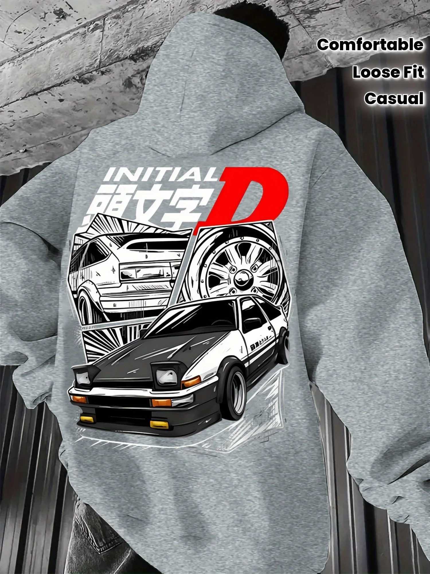 Black Hooded Sweatshirt Featuring Initial D with Iconic JDM Car Illustration Mens Anime Pullover W251020