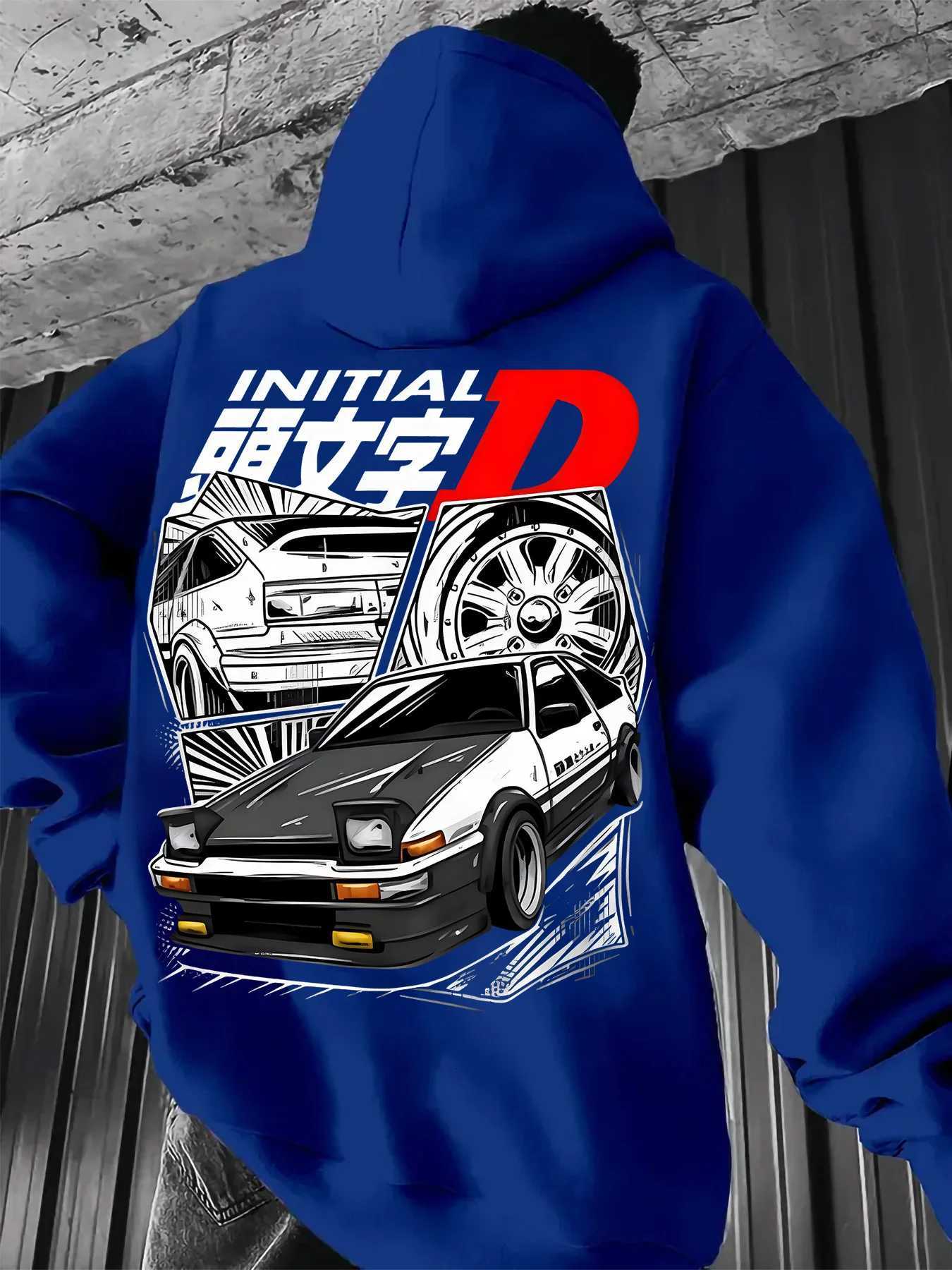 Black Hooded Sweatshirt Featuring Initial D with Iconic JDM Car Illustration Mens Anime Pullover W251020