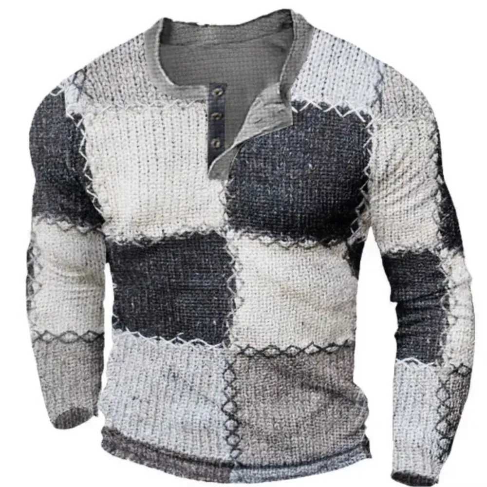 Henry Shirts Patchwork Plaid 3D Rags Print Pattern New Mens Long Sleeved Tshirt With Mens Clothing Spring Autumn Sizes S 5XLXJ251020