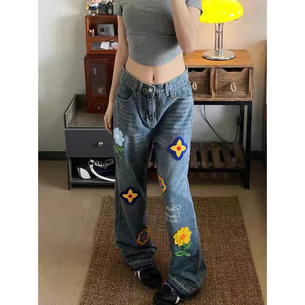 Women's Vintage Embroidered Floral Jeans - High-Waisted, Straight-Leg, Slimming Wide-Leg Floor-Length Pants for Spring and Autumn Z260313