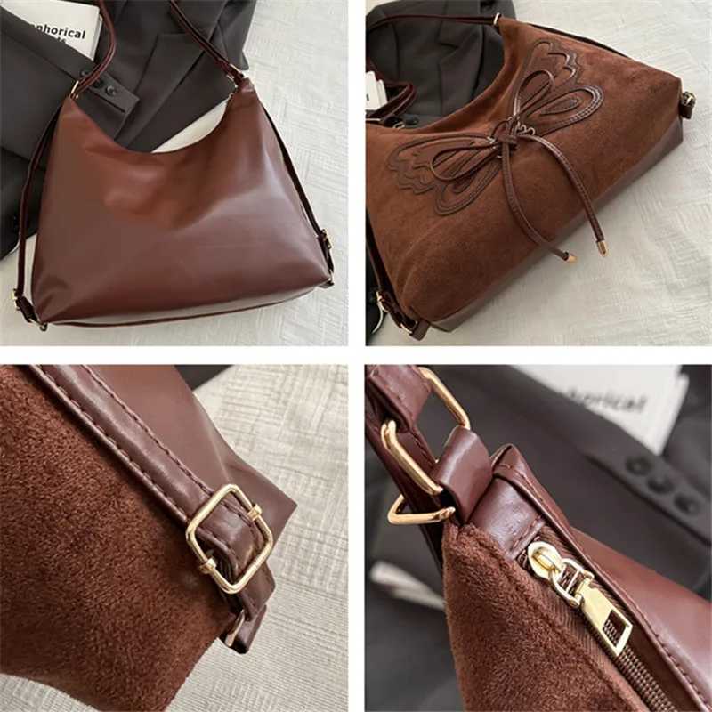 Faux Suede Tote Bag Bow Tie Backpack Chic Retro Single Handbag Women Shoulder Messenger Bag Matte PU Leather Cross Body BagsT251020