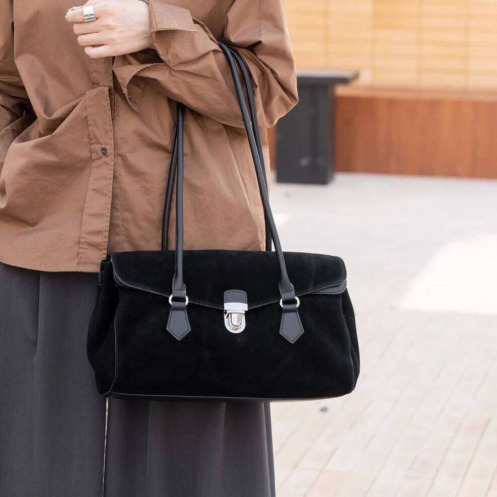 Suede Spliced Cowhide Women's Underarm New Niche Design Vintage Large Capacity Fashionable Handbag Shoulder Bag Suotong251020 Suotong1020