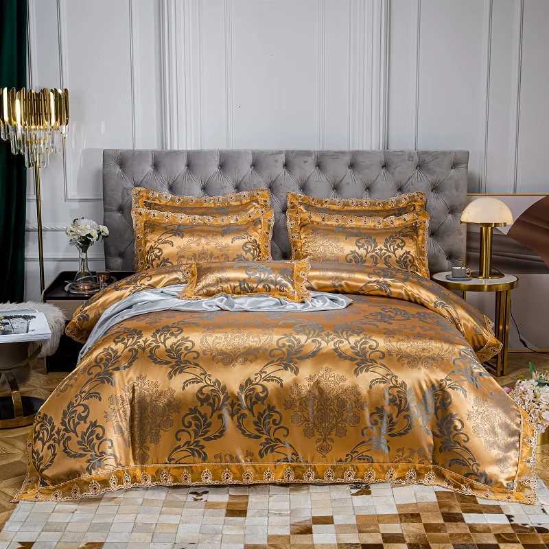 Luxury Euro Gold Satin Jacquard Lace Bedding Set Soft Silky Single Queen King Double Duvet Cover Set Bed Sheet Set PillowcasesXJ251015