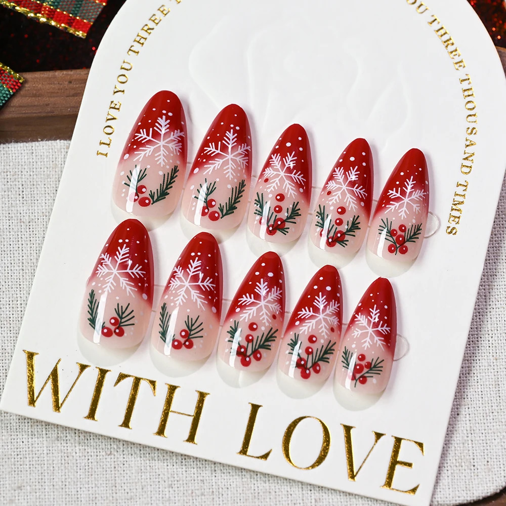 24pcs Christmas Press On Nails Almond French False Nail with Snowflake Holly Leaf Acrylic Full Cover Fake Nail Extension 251014