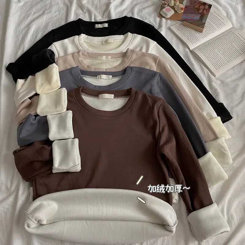 Womens Plush and Thickened Warm Top Jihan Simple Versatile Round Neck Underwear Solid Color Long Sleeve Underlay FashionT251020