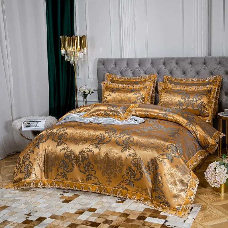 Luxury Euro Gold Satin Jacquard Lace Bedding Set Soft Silky Single Queen King Double Duvet Cover Set Bed Sheet Set PillowcasesXJ251015