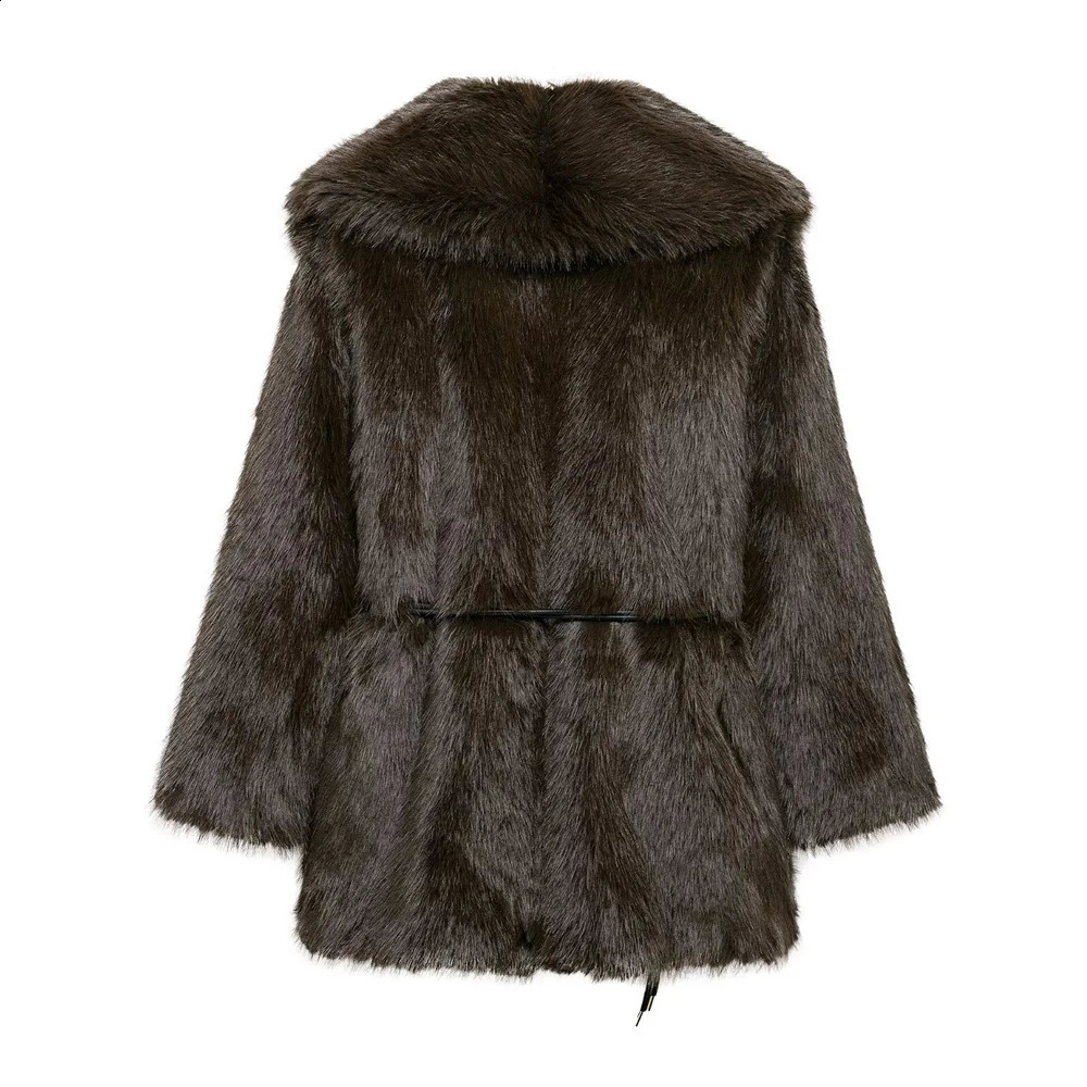 Womens Belt Decoration Collar Solid Color Medium Long Coat AutumnWinter Sleeve Loose 251021