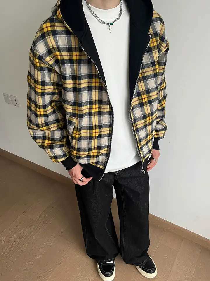 High Street Trendy Clothing New Style Twosided Fashion Loose Plaid Sweatshirt Harajuku Retro Casual Double Zipper Hoodie Women W251020