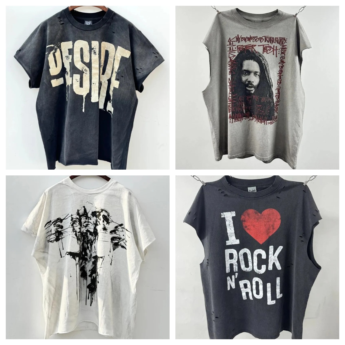 Men's T Shirts American High Street Hip-Hop Heavy Wash to Make Old Manual Destruction Direct Print Loose Casual Short-Sleeve T-shirt