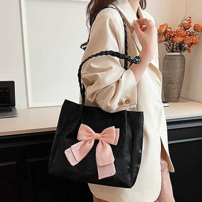 Bow Contrasting Color Single Shoulder Versatile Casual Handheld Tote Womens BagT251020