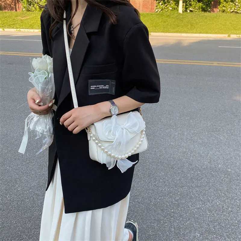 Pearl Lace Bow Collocation PU Leather Small Bags for Women Daily Use Handbag Shoulder Cross Body Bags Teen Girls Phone PouchT251020