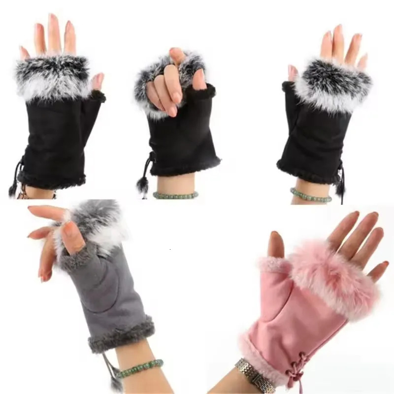 Winter Womens Faux Rabbit Fur Fingerless Mittens Wrist Gloves Faux Leather Warm Cozy Touch for Cold Weather 251020