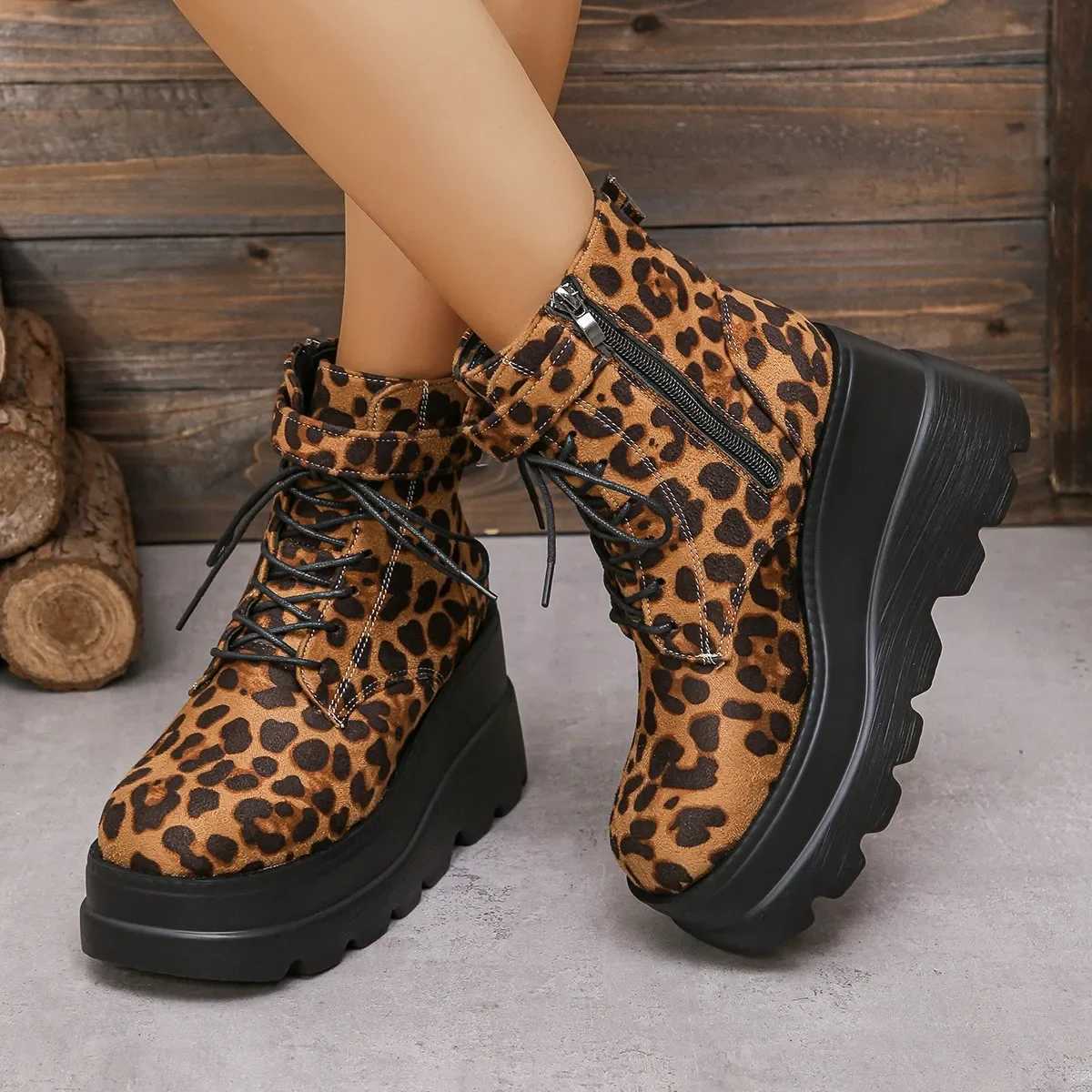 2024 Ladies Shoes Large Size Ankle Womens Boots High Heel Modern Boots Women Leopard Side Zip Frt Laceup Wedge Female ShoesXJ251020