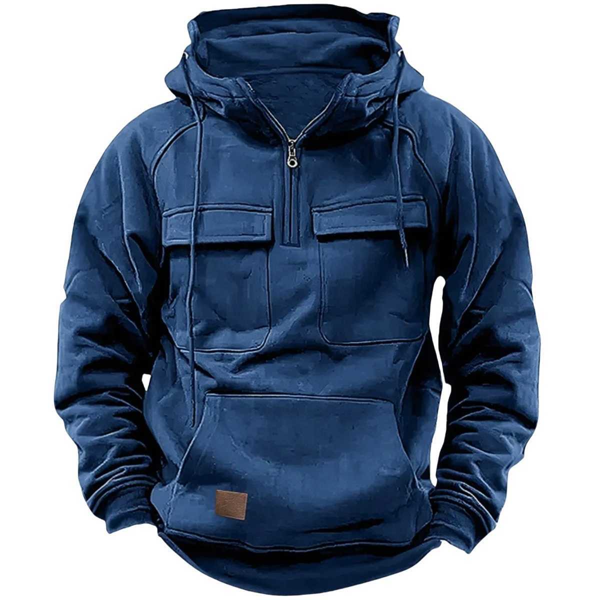 Mens Casual Sports Hooded Sweatshirt New style Outdoor Thick Fashionable Loose LongSleeved Pullover with Multiple Pockets W251020
