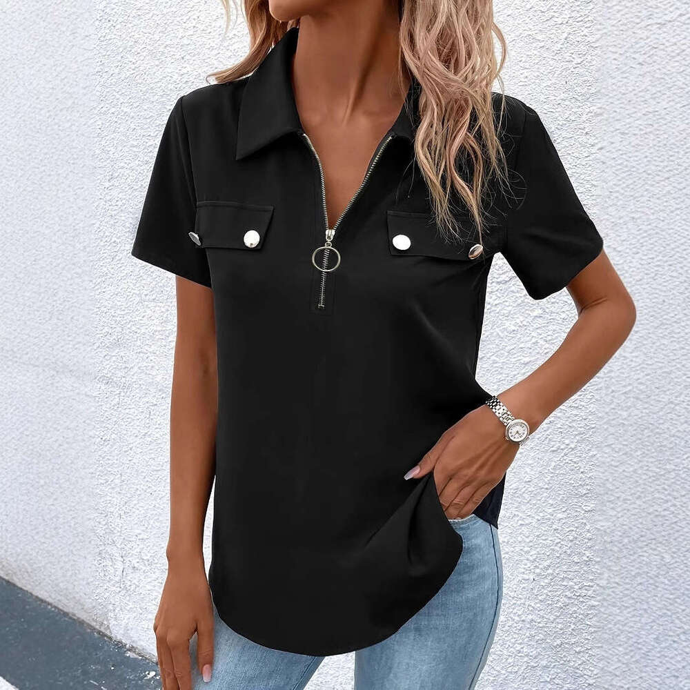 2025 New Spring Summer Solid Color Zipper Shirt Button Top Women Fashionable Elegant a5c9
