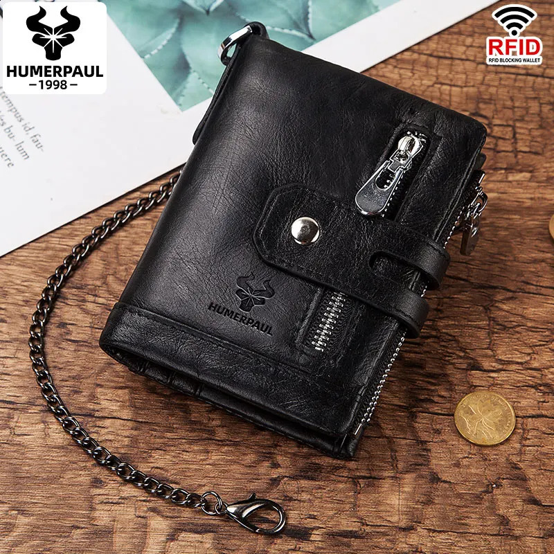 HUMERPAUL100 Genuine Cowhide Leather Wallet For Men Short RFID Money Purse Card Holder Double Zipper Bifold Coin Pocket 251023ww